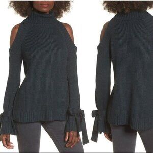 J.O.A. Cold Shoulder Turtleneck Sweater With Tie Sleeves Charcoal Medium